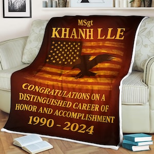 Military Retirement Blanket or Poster  Custom Name & Service Years Vintage Style Patriotic Gift for Veteran  Air Force Army Navy Decor