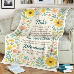 Personalized Retirement Blanket for Women or Men  Custom Name, Date & Floral Design  Coworker Farewell Gift  Keepsake for Boss Teacher Nurse