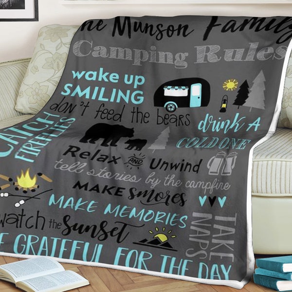 Personalized name blanket, Camping rules blanket, blanket gift for family, anniversary gift for christmas, Gift for camping lovers