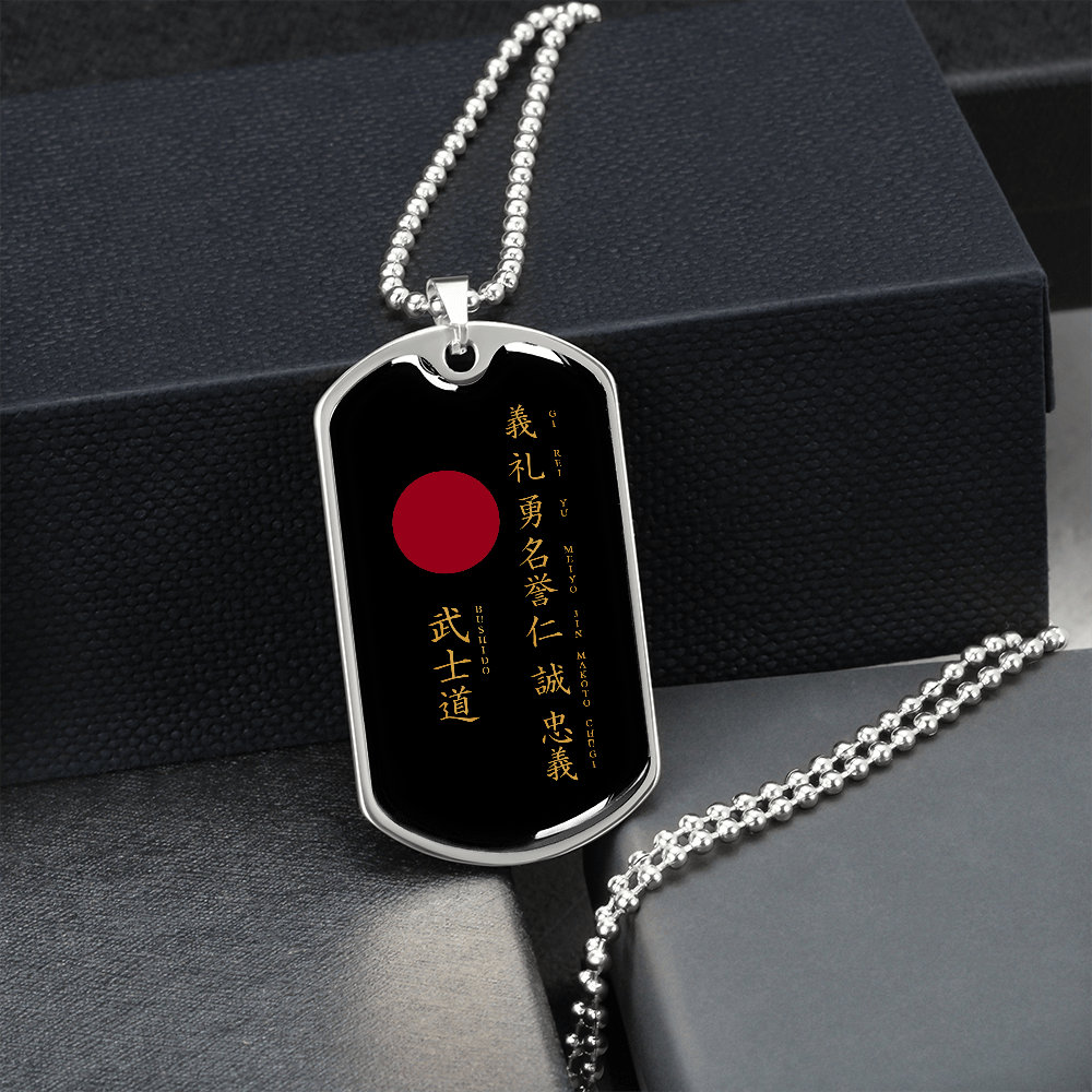 Samurai Dog Tag Necklace Silver Gold Bushido Gi Rei Yu Meiyo Jin