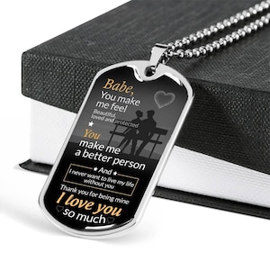 Heart couple dog tag necklace babe, you make me feel beautiful loved and protected, mother&#39;s day gift, fathers day gift, gift anniversary