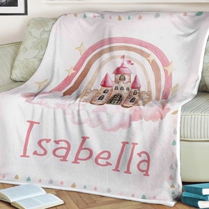 Castle rainbow blanket for princess, custom baby blanket, custom name blanket, baby girl blanket, anniversary gift for baby girl