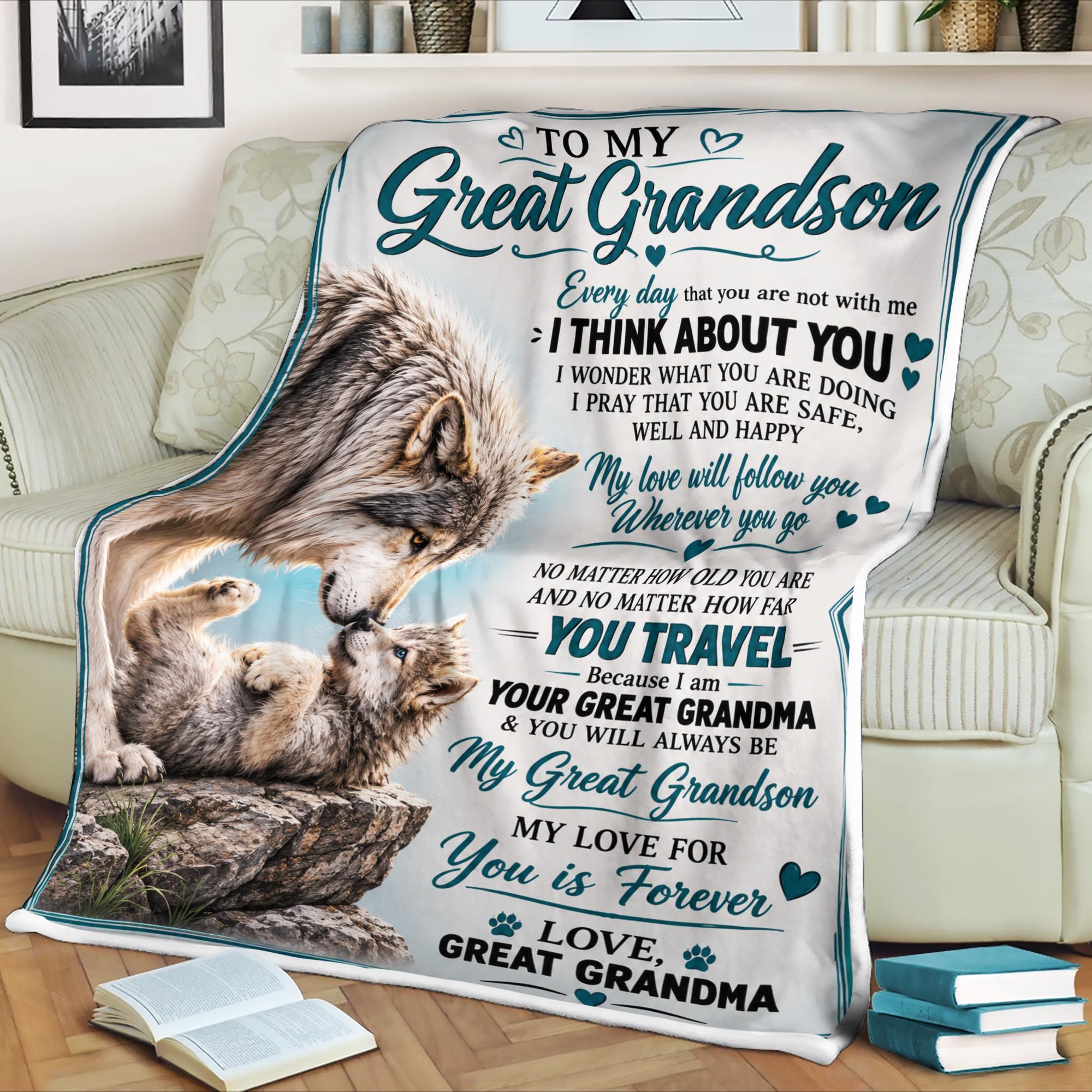 Personalized Great Grandson Wolf Fleece Blanket, Gift From Great