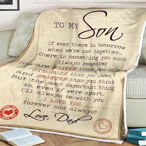 Manta con carta para mi hijo eres más valiente, más fuerte y más inteligente, te quiero papá, regalo para hijo, regalo de navidad para hijo, regalo de aniversario para familia