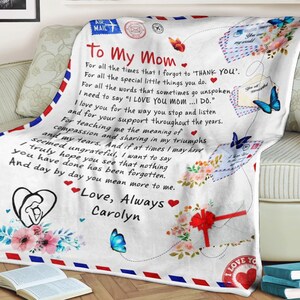 Manta con fondo de carta para mi mamá, te amo mamá, el mejor regalo para mamá, carta de hijo a mamá, manta con nombre personalizada, regalo de cumpleaños para ella