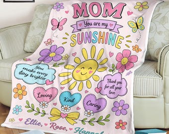 Gepersonaliseerde fleecedeken moeder, You Are My Sunshine Cadeau voor moeder van kinderen, schattig bloemenhart, Moederdag verjaardag kerstcadeau