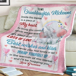 Elephant butterfly blanket to my granddaughter best wishes and kisses, love grandma, custom name blanket, anniversary gift for birthday