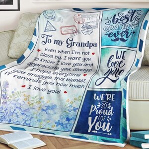 Manta con carta de flores azules para mi abuelo, regalos para el abuelo, regalo del día del padre, para cumpleaños, manta con nombre personalizado, manta de aniversario