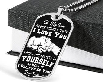 Family Dog Tag Necklace silver gold To My Son Never Forget that i love you believe in yourself love dad Custom Dog Tags Engraved Necklace