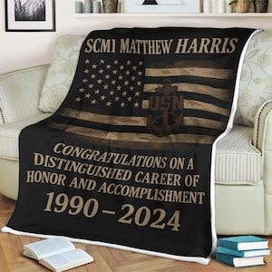 Military Retirement Blanket or Poster  Custom Name & Service Years Vintage Style Patriotic Gift for Veteran  Air Force Army Navy Decor
