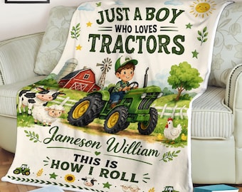 Personalized Tractor Fleece Blanket, Gift for Tractor Loving Boy, Farm Kid Blanket, Birthday Gift, Custom Name Throw, Colorful Patchwork
