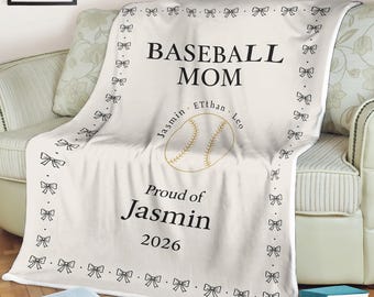 Personalized Baseball Mom Blanket – Custom Name Kids Throw, Proud Mom Gift for Christmas, Birthday, Game Day and Team Support