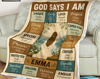 Personalized God Says I Am Blanket, Christian Bible Verse Throw, Faith Affirmation Gift for Women, Custom Name Religious Gift, Baptism Gift