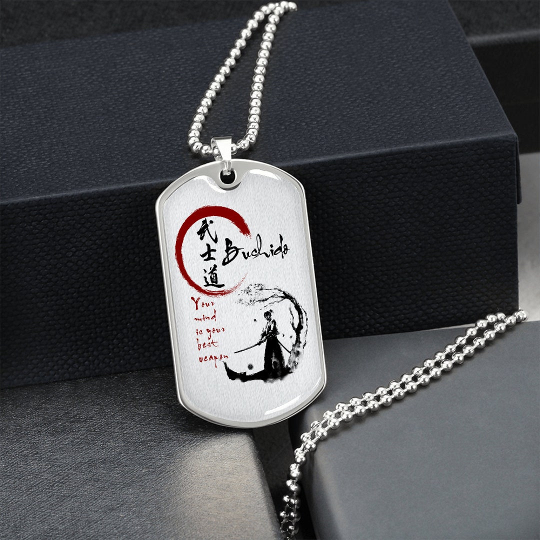 Samurai Dog Tag Necklace Silver Gold Bushido Your Mind is Your
