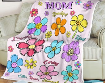Gepersonaliseerde fleecedeken moeder, kleurrijke bloemencadeau voor moeder van kinderen, liefdevol zorgzaam vriendelijk citaat gooien, Moederdag verjaardag kerst