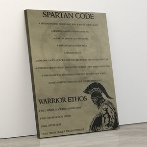 May include: A brown and gold canvas print with the text "Spartan Code" and "Warrior Ethos" in black. The print features a black and white illustration of a Spartan warrior wearing a helmet and holding a shield.