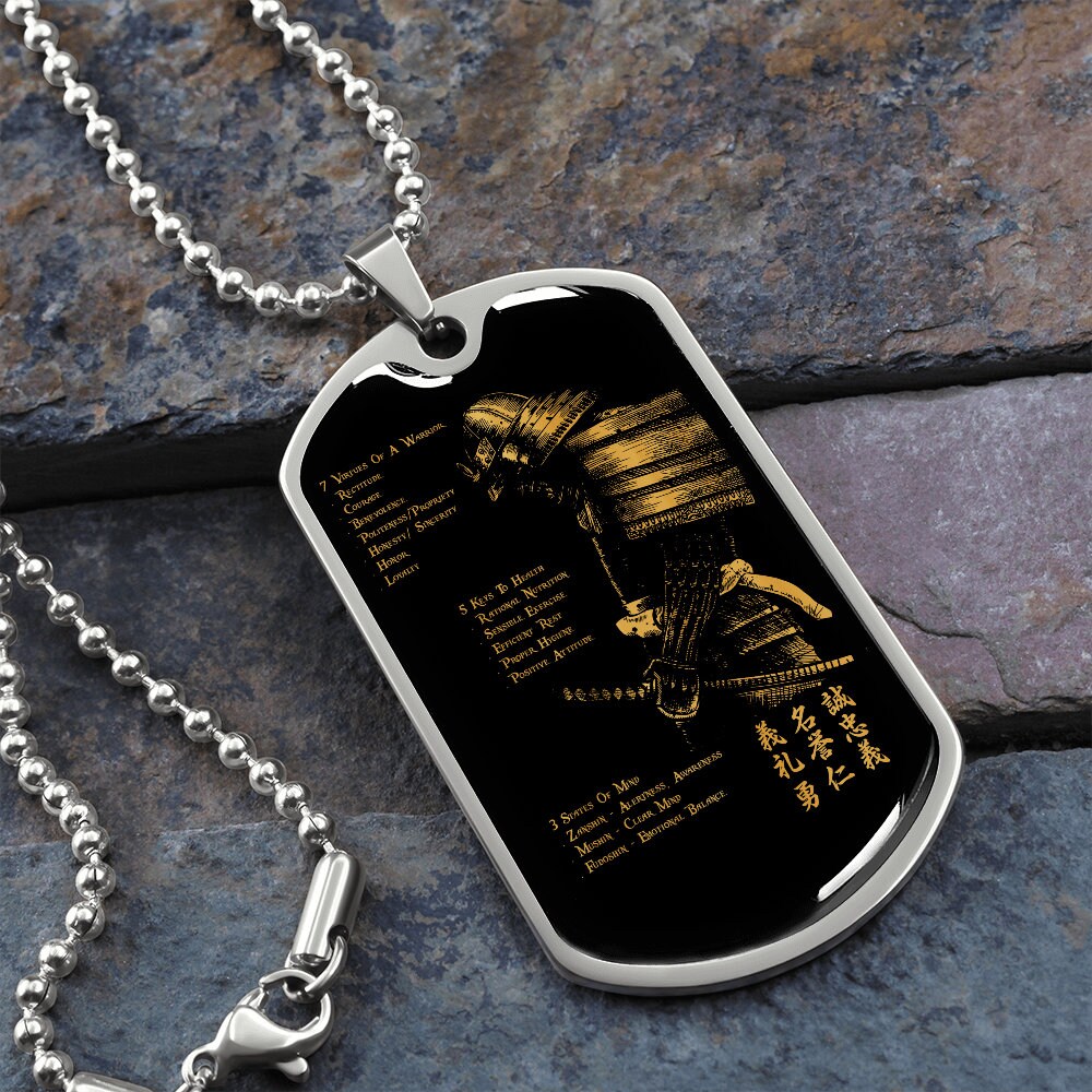 Samurai Dog Tag Necklace Silver Gold 7 Virtues of a Warrior, 5