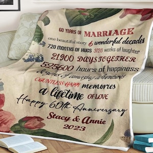 Flower blanket, happy 60th anniversary, 60 years of marriage blanket, wedding anniversary blanket, custom name blanket, gifts for parents