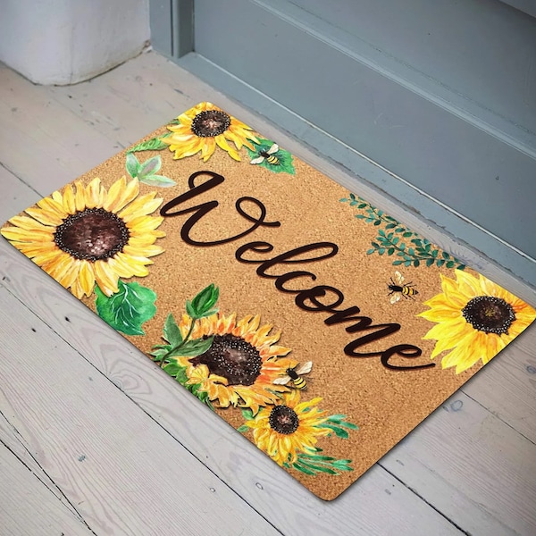 Sunflower Welcome Watercolor Doormat, Sunflower Welcome Doormat, Bee Our Guest Sunflower Doormat Home Rug Carpet