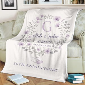 Personalized Anniversary Blanket Custom Couple Names and Date Elegant Floral Throw for 50th Wedding Gift, Golden Anniversary, Keepsake Decor