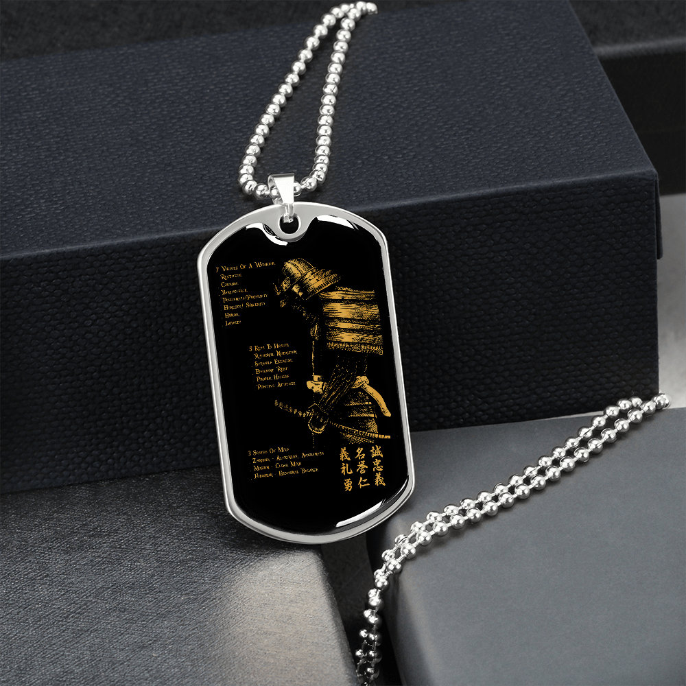 Samurai Dog Tag Necklace Silver Gold 7 Virtues of a Warrior, 5