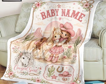 Spersonalizowany koc polarowy z kowbojką, kocyk z imieniem dla dziewczynki, prezent do pokoju dziecięcego w stylu western, prezent na baby shower w stylu kowbojki, prezent urodzinowy