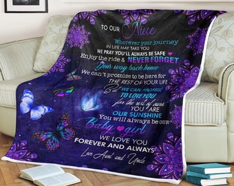 Butterfly flower blanket to our niece, enjoy the ride never forget, love aunt & uncle, personalized name blanket, blanket for boys and girls