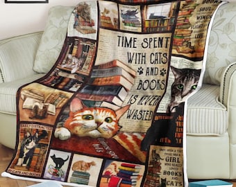 Katten- en boekendeken Tijd doorgebracht met katten en boeken is nooit verspild, boekendeken, boekenliefhebber deken, leesliefhebber cadeau