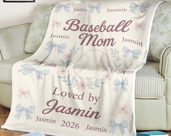 Personalized Baseball Mom Blanket – Custom Name Baseball Throw, Loved by Kids, Bow Design,Birthday Christmas Gift for Proud Sports Moms