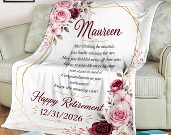 Personalized Retirement Fleece Blanket, Retirement Gift for Her, Coworker Farewell Gift, Happy Retirement Keepsake, Floral Quote Throw