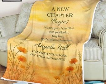 Personalized Retirement Blanket – A New Chapter Begins Sunset Floral, Custom Name Gift,Meaningful Farewell Present,Gift For Retirees