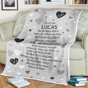 Personalized Son Lucas Blanket from Mom and Dad Inspirational Gift for Son with Custom Name Soft Throw for Birthday graduation