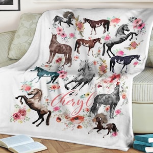 Flower horse blanket with name, horse baby lover gift, horse gift for little girls and boys, birthday gifts blanket, custom kids blankets