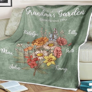 Personalized flower blanket grandma&#39;s garden blanket, flowers blanket, grandkids name blanket, grandma blanket, mother&#39;s day gift