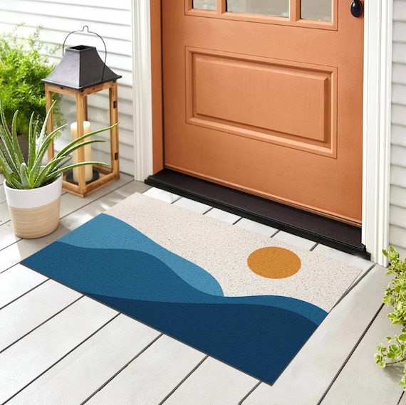 Sun and Blue Mountain Entrance Door Mat, Patio Doormat, Anti Skid PVC Coil  Door Mats, Outdoor Entryway Rug for Porch Courtyard Home 