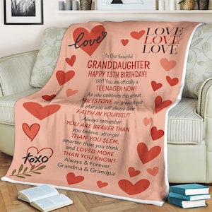 Personalized 13th Birthday Blanket for Granddaughter  From Grandma & Grandpa to Olivia  Floral  Heart Design, Inspirational Teen Girl Gift