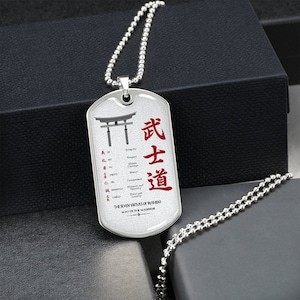 Samurai Dog Tag Necklace silver gold the seven virtues of bushido way of the warrior, integrity, respect Custom Dog Tags Engraved Necklace