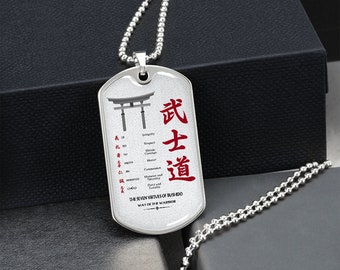 Samurai Dog Tag Necklace silver gold the seven virtues of bushido way of the warrior, integrity, respect Custom Dog Tags Engraved Necklace