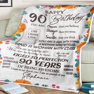 Flower orange blanket happy 90th birthday blanket, birthday anniversary blanket, custom name blanket, gift for women, great grandmother gift