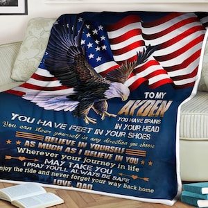 America flag eagle blanket to my son believe in yourself love dad, custom name blanket, blanket gift for son, blanket gift for christmas