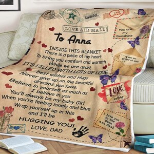 Manta con fondo de corazón de mariposa y letras para Anna, cree en ti misma, ama a papá. regalo para hija, mantas regalos padre para hija
