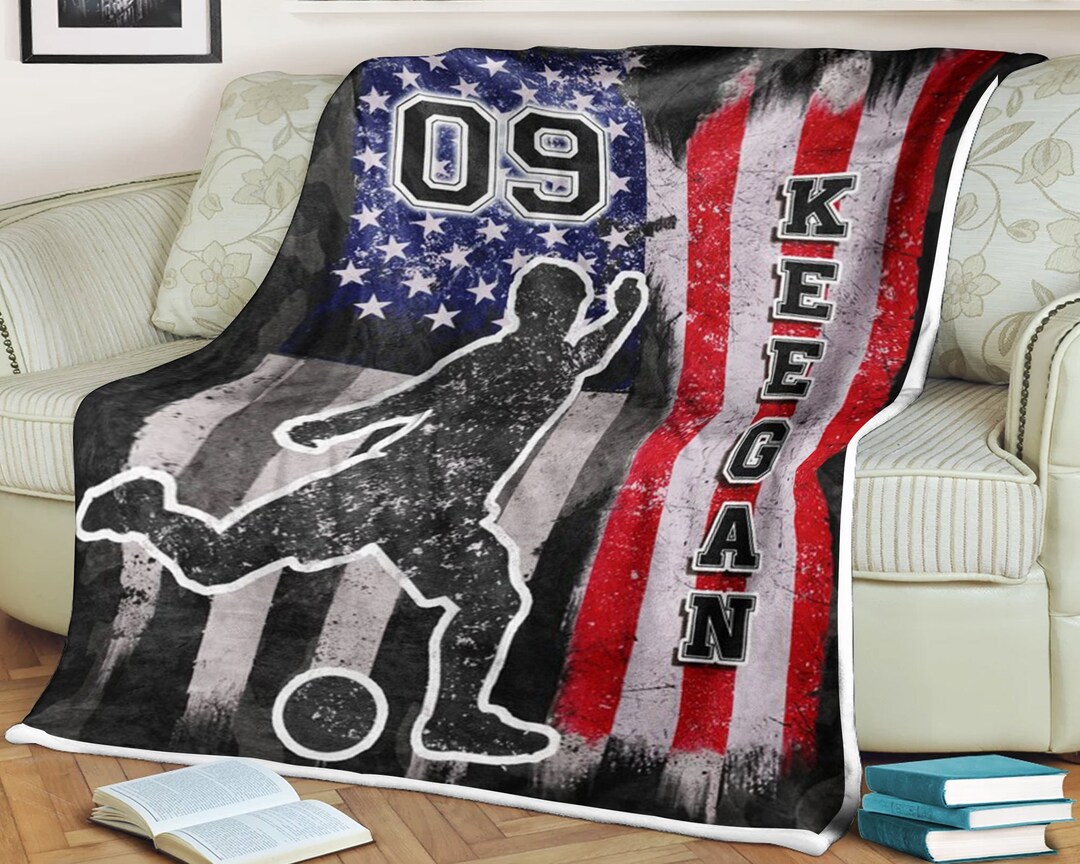 Personalized Name Baseball Blanket, American Flag Blanket, Sport