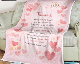 Coperta in pile con cuori rosa, regalo di incoraggiamento e supporto dagli amici, messaggio di guarigione "You've got this", nome personalizzato, occasione di pronta guarigione