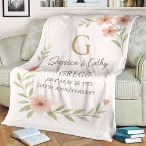 Personalized Anniversary Blanket Custom Couple Names and Date Elegant Floral Throw for 50th Wedding Gift, Golden Anniversary, Keepsake Decor