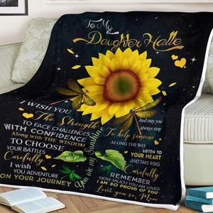 To My Daughter Blanket, Custom Name Blanket, Sunflower And Dragonfly Blanket, Blankets For Girl, Blanket For Gift, Christmas Blanket