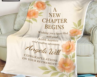 Personalized Retirement Blanket – A New Chapter Begins Floral Throw, Custom Name Gift, Meaningful Farewell Present, Gift For Retirees