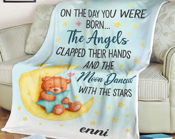 Manta personalizada para bebé con nombre, luna y oso estrellado, decoración para la habitación del bebé, regalo personalizado para recién nacido, manta para bebé niña o niño, diseño adorable y de ensueño.
