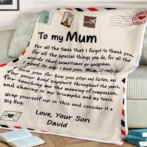 Manta con carta personalizada para mi mamá te amo por cómo te detienes y escuchas ama a tu hijo david, regalo de aniversario, regalo para el día de la madre