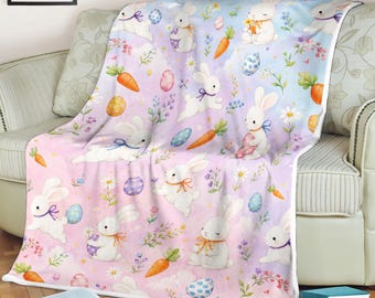Bunny Rabbit Fleece Blanket, Cute Easter Bunny Throw, Pastel Nursery Blanket, Baby Shower Gift, Kids Bunny Blanket, Spring Decor