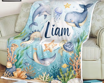 Personalized Ocean Baby Blanket, Sea Animals Fleece Throw, Nursery Name Blanket, Baby Shower Gift, Under the Sea Decor